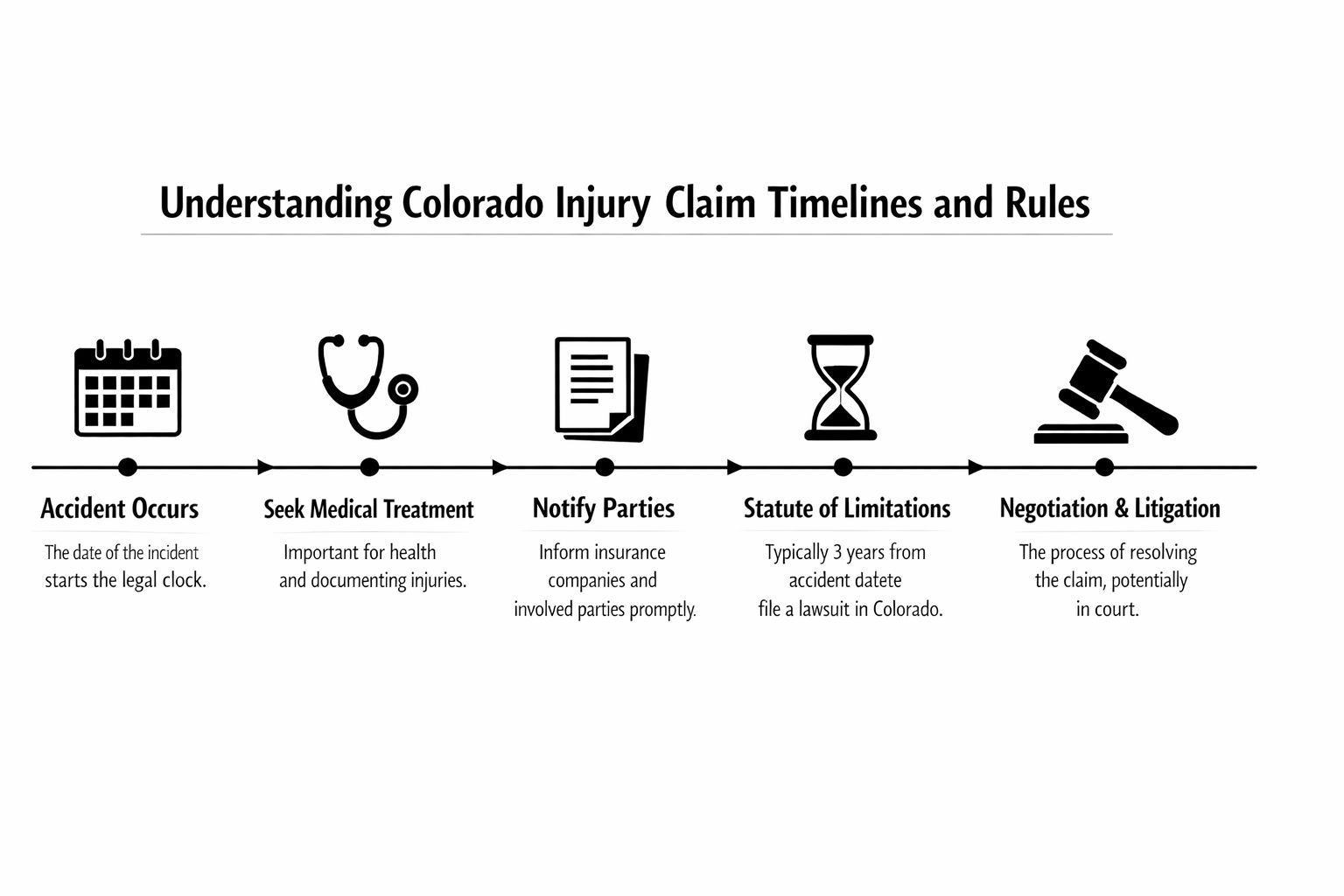 A timeline graphic illustrating the steps of a personal injury legal claim process in Colorado.