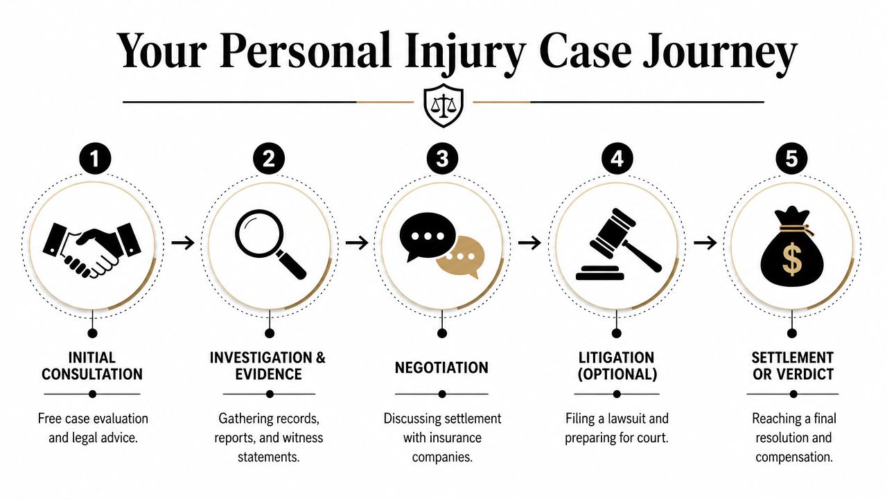A five-step infographic illustrating the sequential process of a personal injury legal case from consultation to settlement.