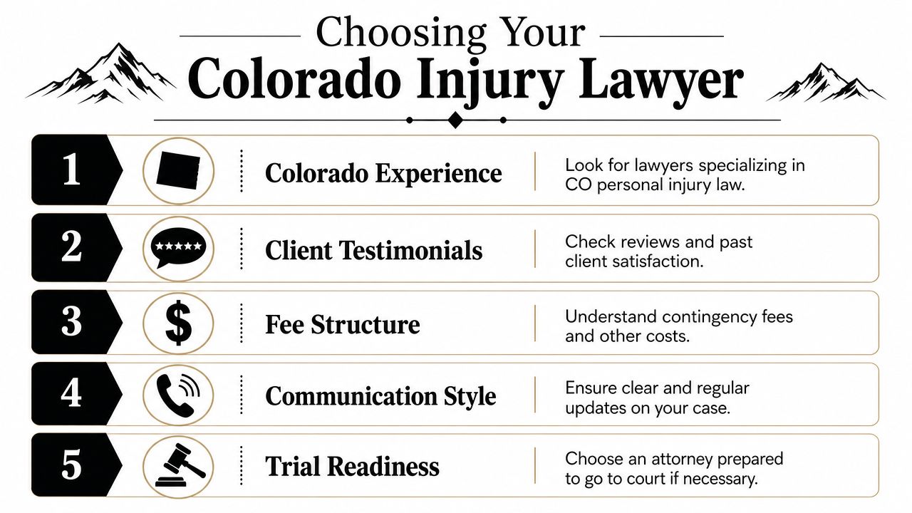 A checklist infographic titled Choosing Your Colorado Injury Lawyer, detailing five key factors for selecting legal representation.