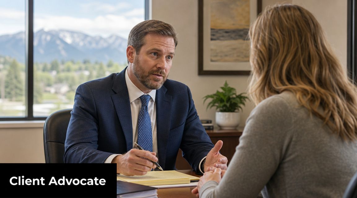 A professional personal injury lawyer consults with a client in a modern office with mountain views.