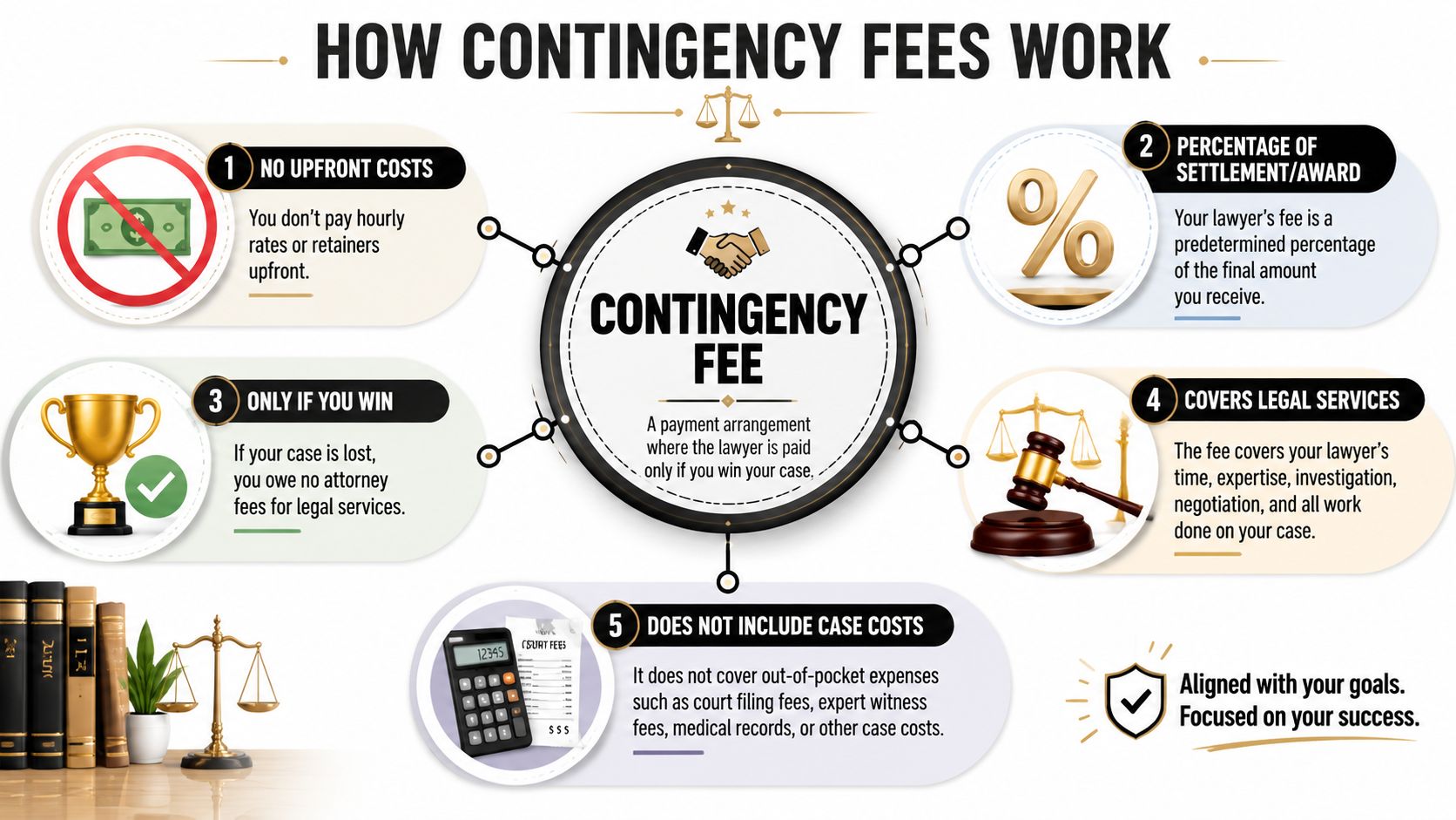 An infographic explaining how a contingency fee arrangement works for legal services in personal injury cases.