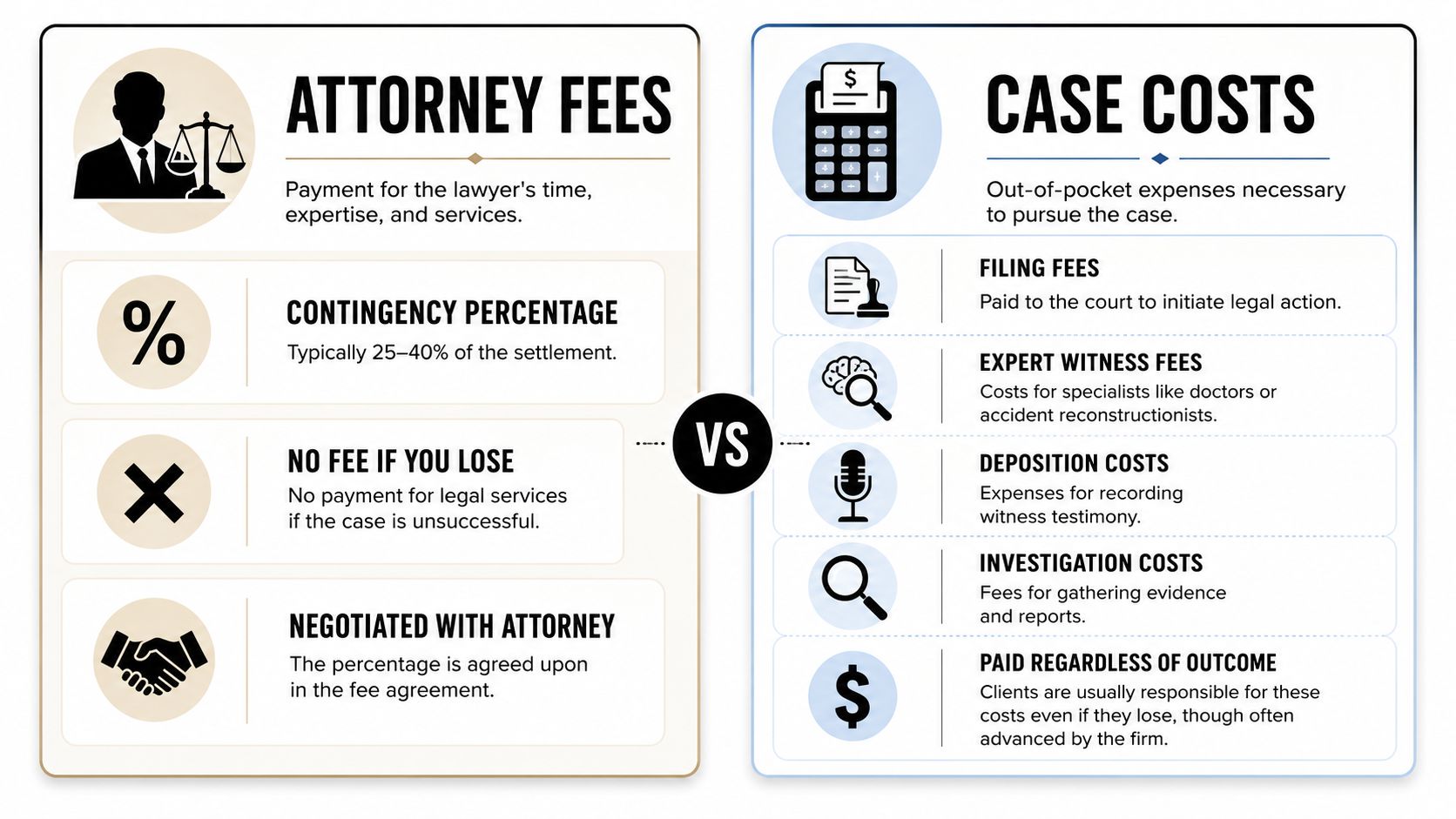 A comparison infographic distinguishing between attorney fees and case costs for legal proceedings.