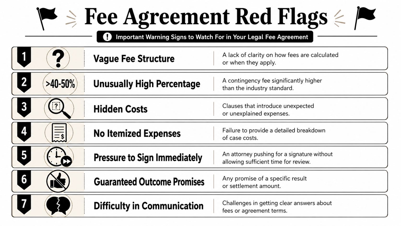 An infographic titled Fee Agreement Red Flags detailing seven common warning signs in legal fee agreements.
