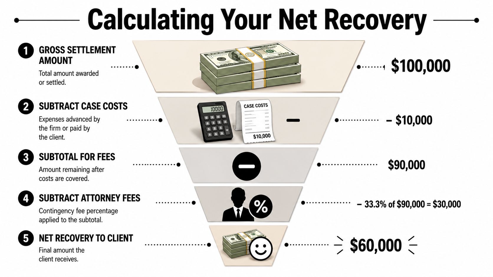 A funnel infographic explaining how personal injury lawyer fees are calculated from a gross settlement amount.
