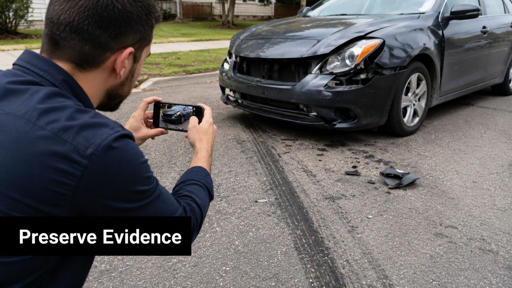 A person takes a photo of a damaged car on the road to document accident scene evidence.
