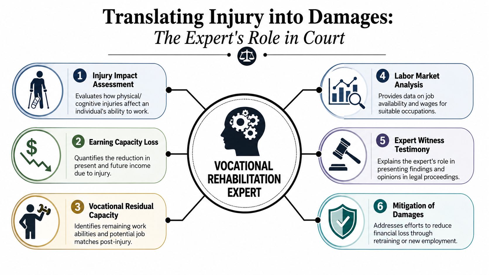 An infographic detailing the role of a vocational rehabilitation expert in legal injury and damages cases.