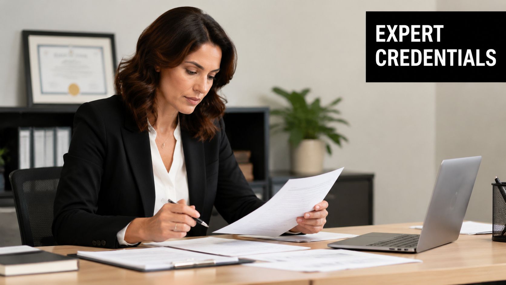 A professional woman in a suit reviewing documents at an office desk with a laptop.