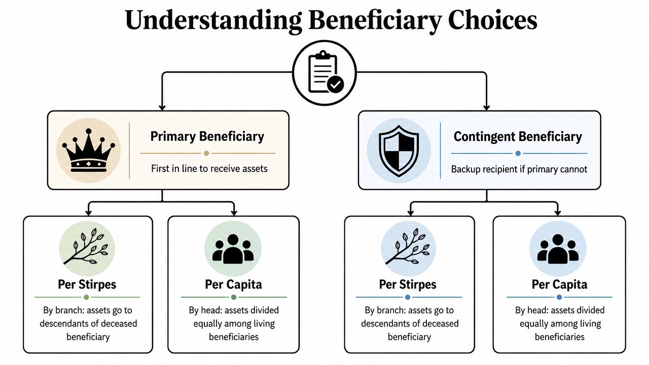 A flowchart explaining beneficiary designations, covering primary and contingent beneficiaries, along with per stirpes and per capita distribution.