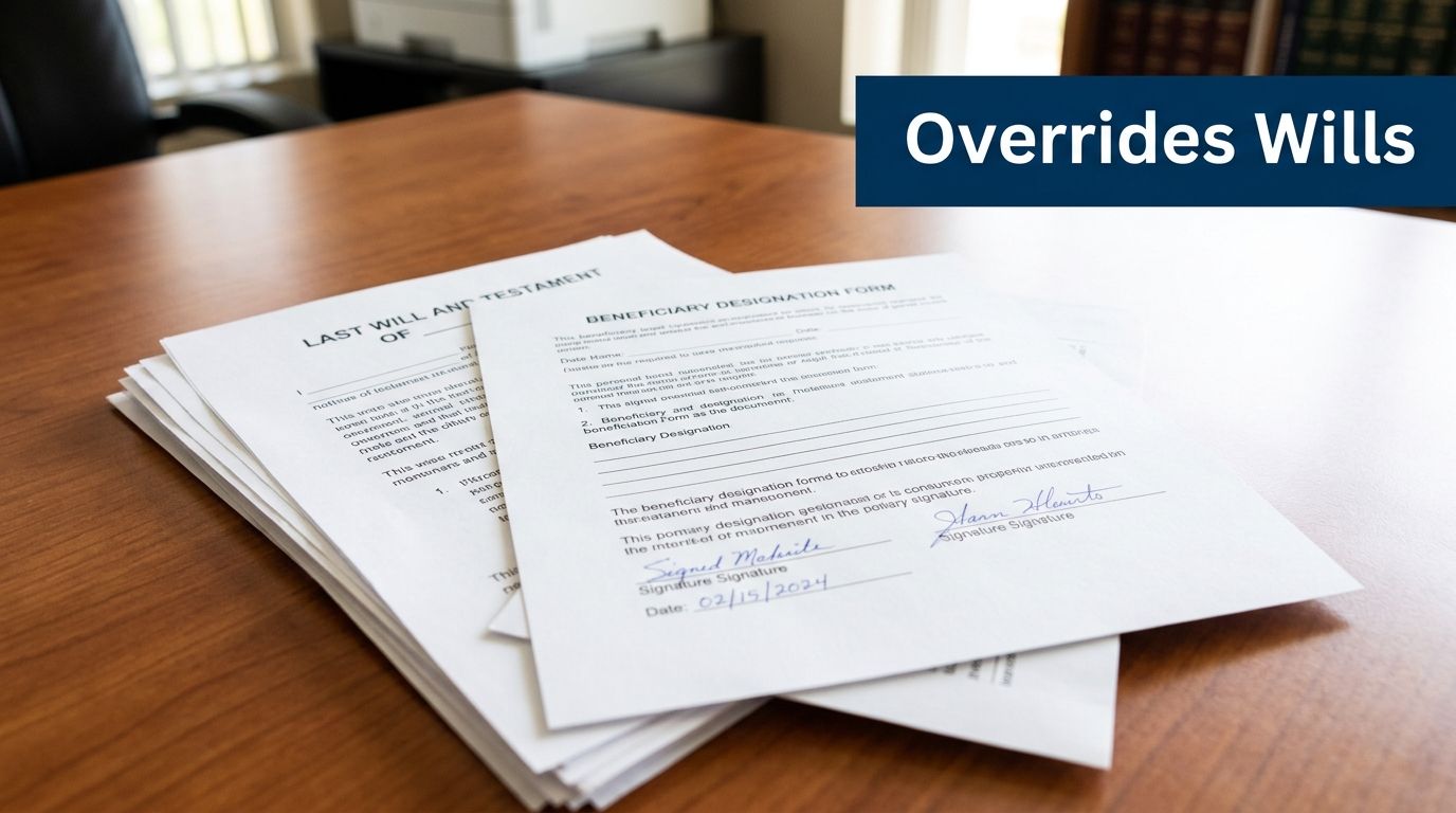 A stack of legal documents including a Last Will and Testament and a Beneficiary Designation form.