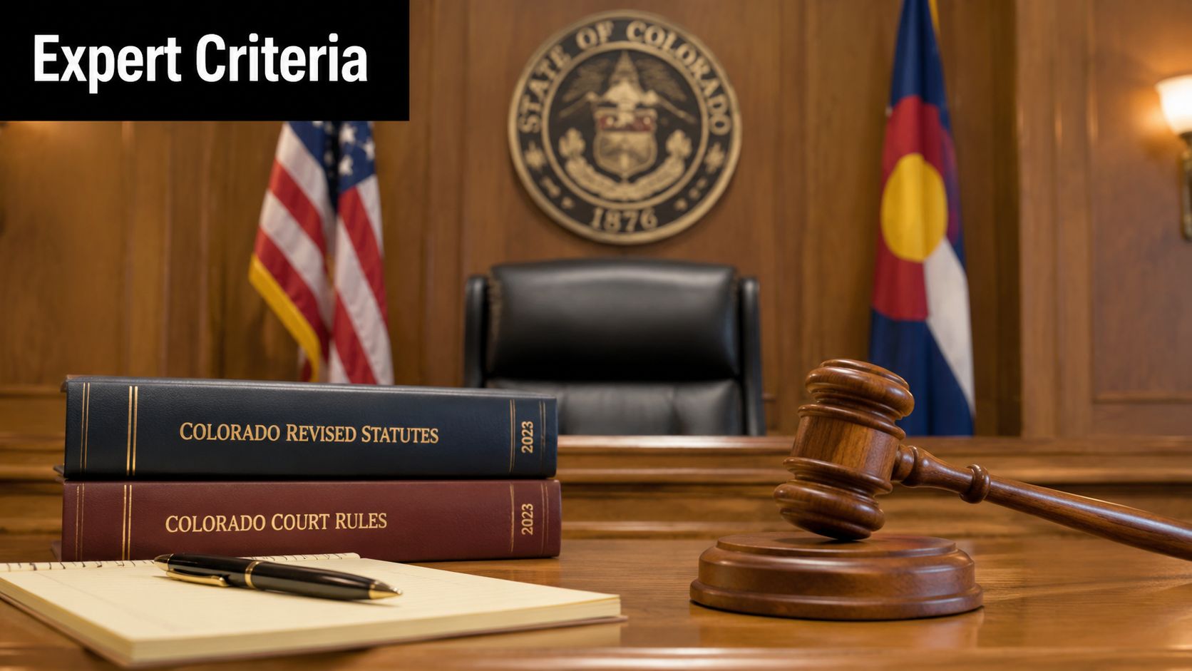 A wooden gavel and legal books placed on a courtroom desk with the Colorado state seal behind.