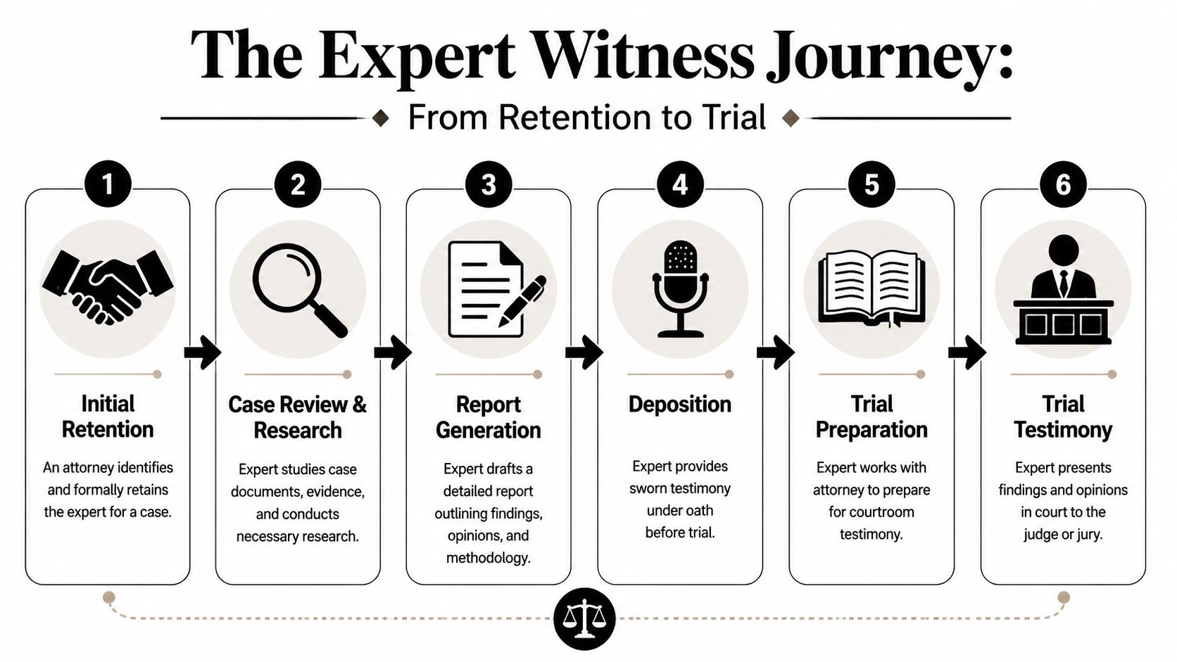 A six-step infographic detailing the expert witness journey from initial attorney retention to final courtroom trial testimony.