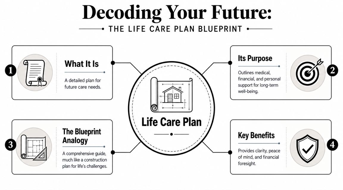 An infographic titled Decoding Your Future illustrating the four key components of a life care plan.