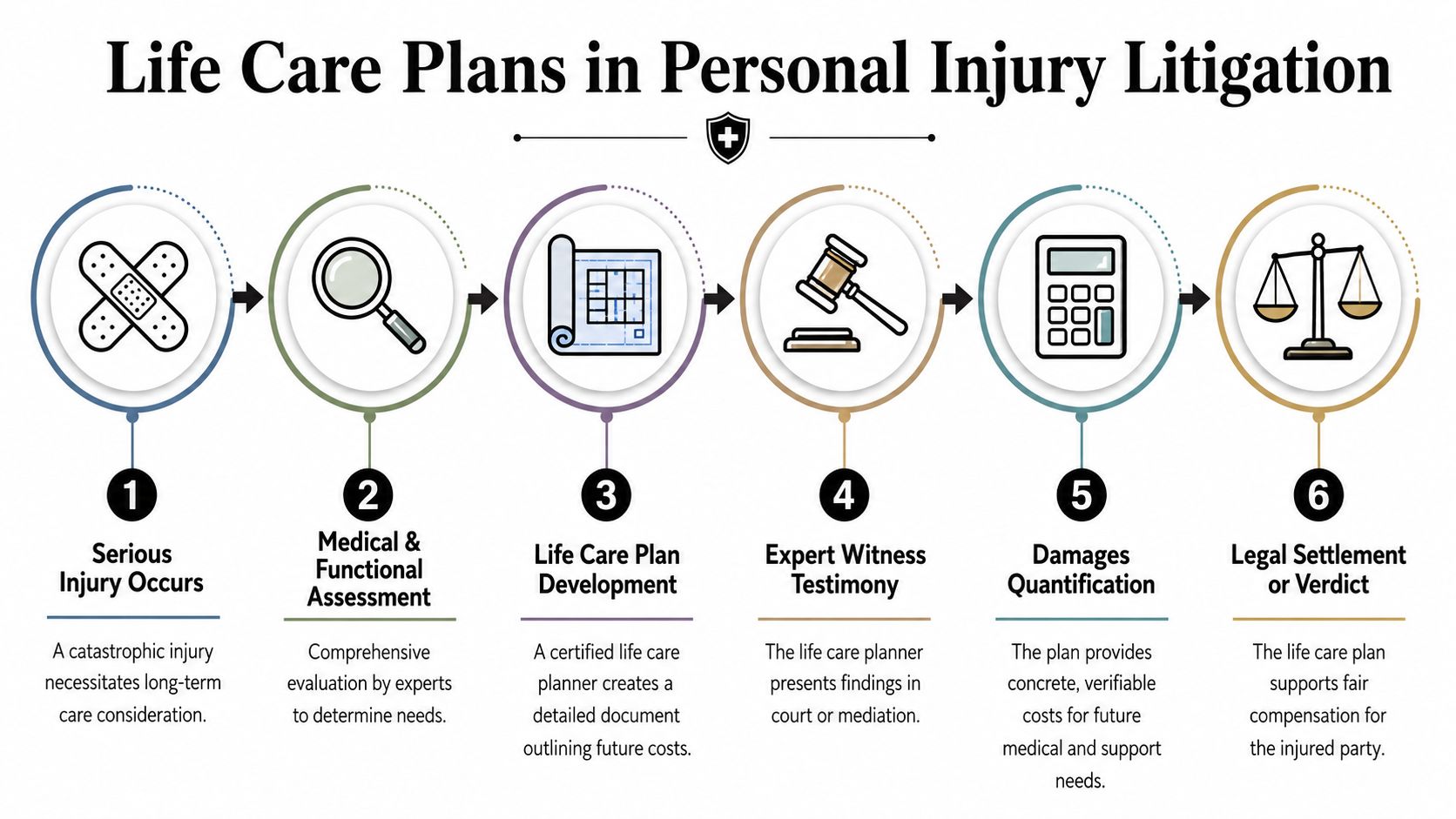 A six-step infographic illustrating the process of creating life care plans for personal injury litigation cases.