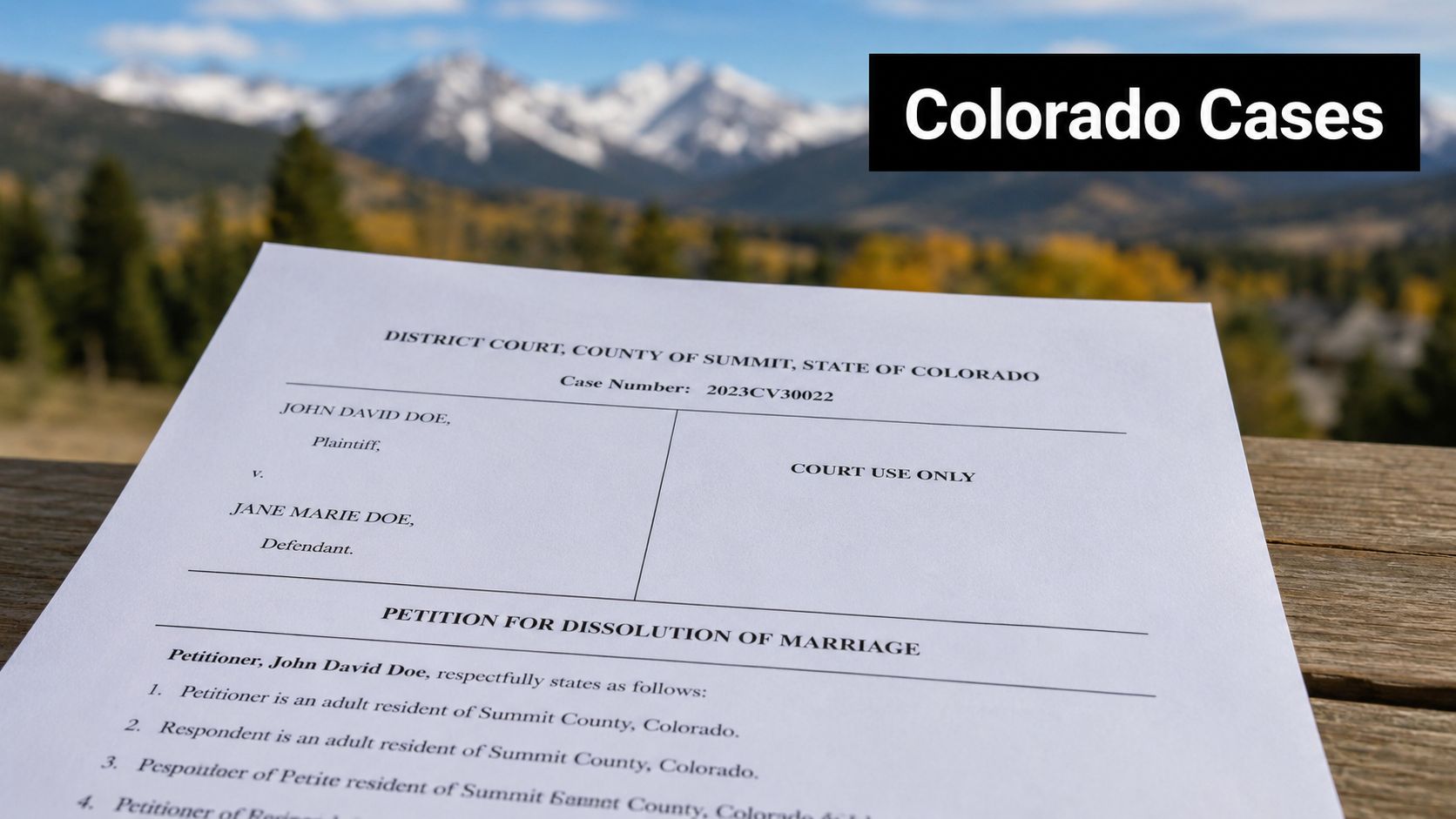 A close-up view of a legal document for a dissolution of marriage held outdoors in Colorado.