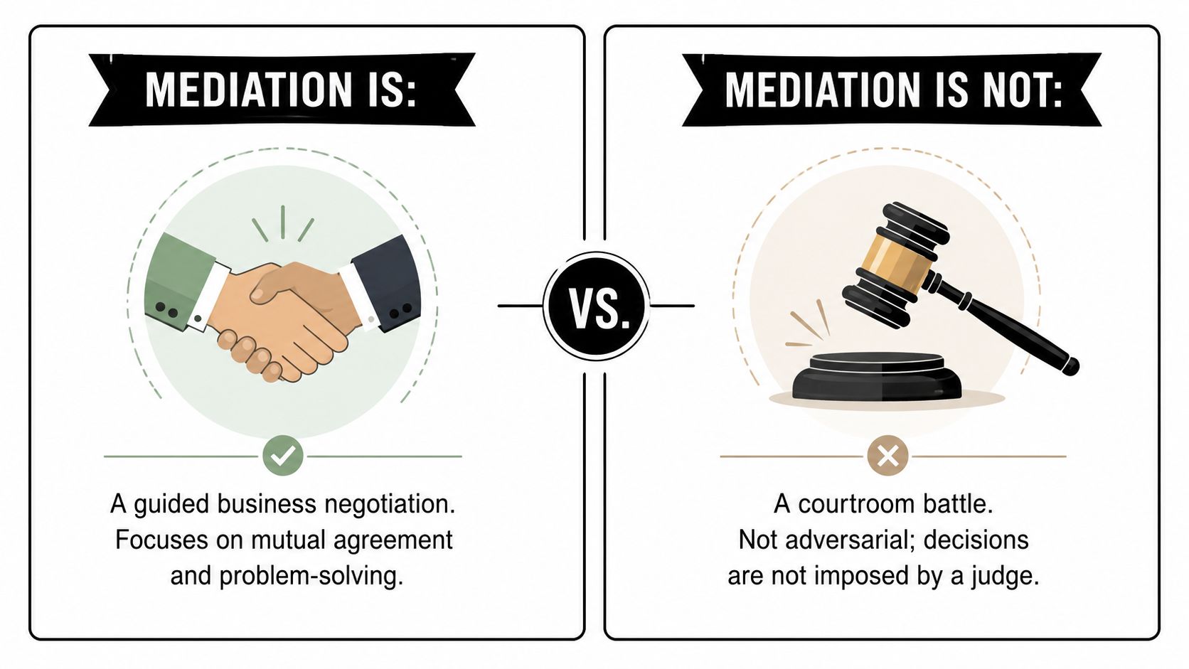 A comparison chart showing that mediation is a guided negotiation while it is not a courtroom battle.