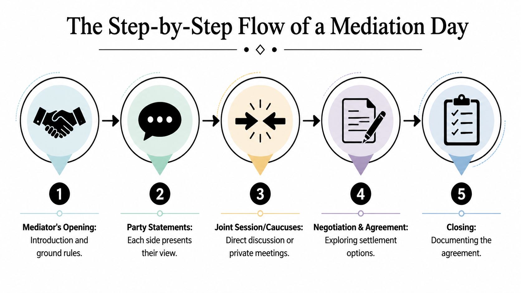 A diagram outlining the five-step process of a mediation day, from opening introductions to final closing agreement.