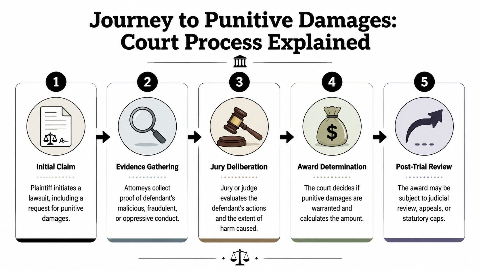 A five-step infographic explaining the court process involved in the journey to obtaining punitive damages.