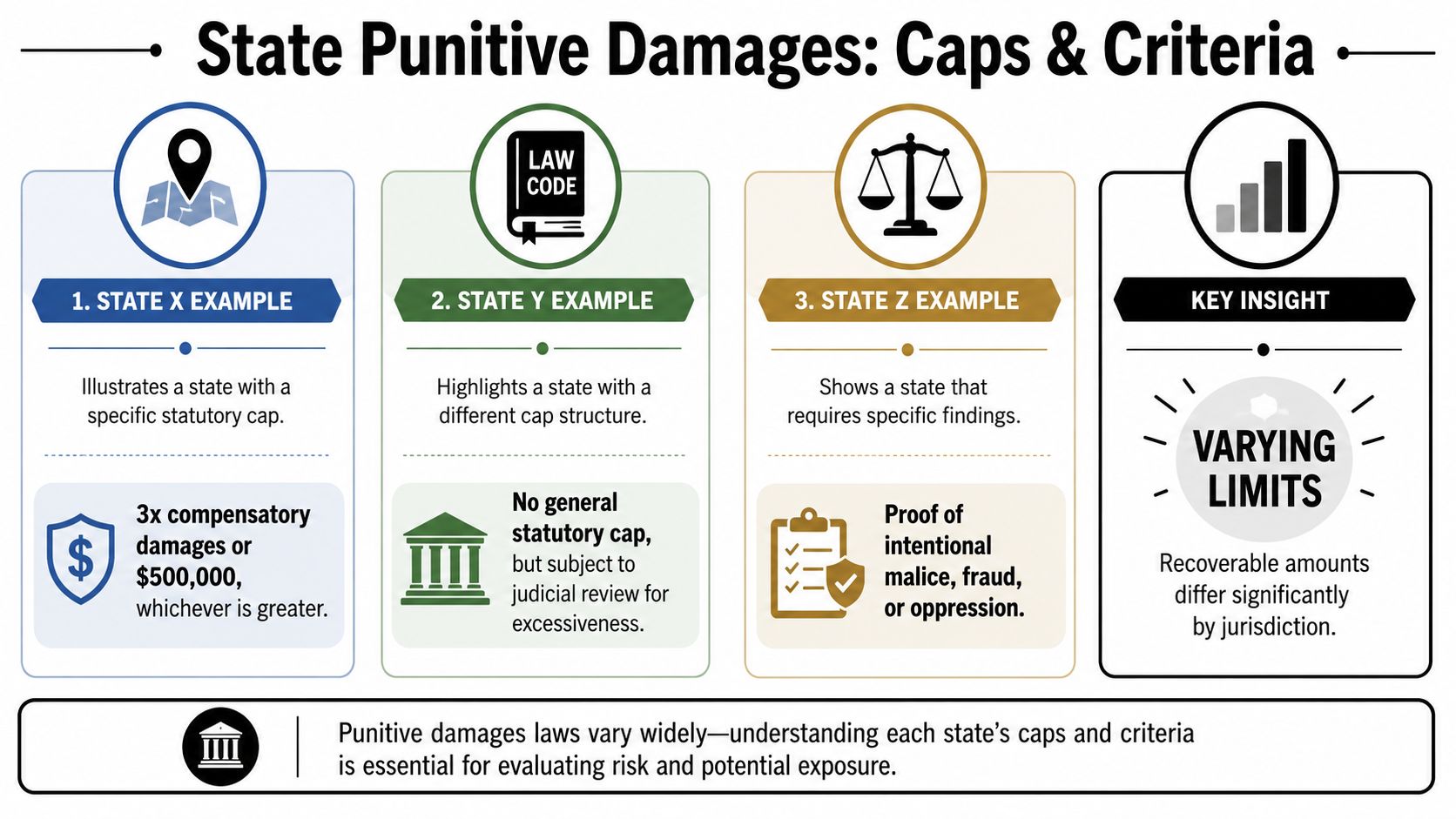 An infographic showing examples of state punitive damages laws including statutory caps and required legal criteria.