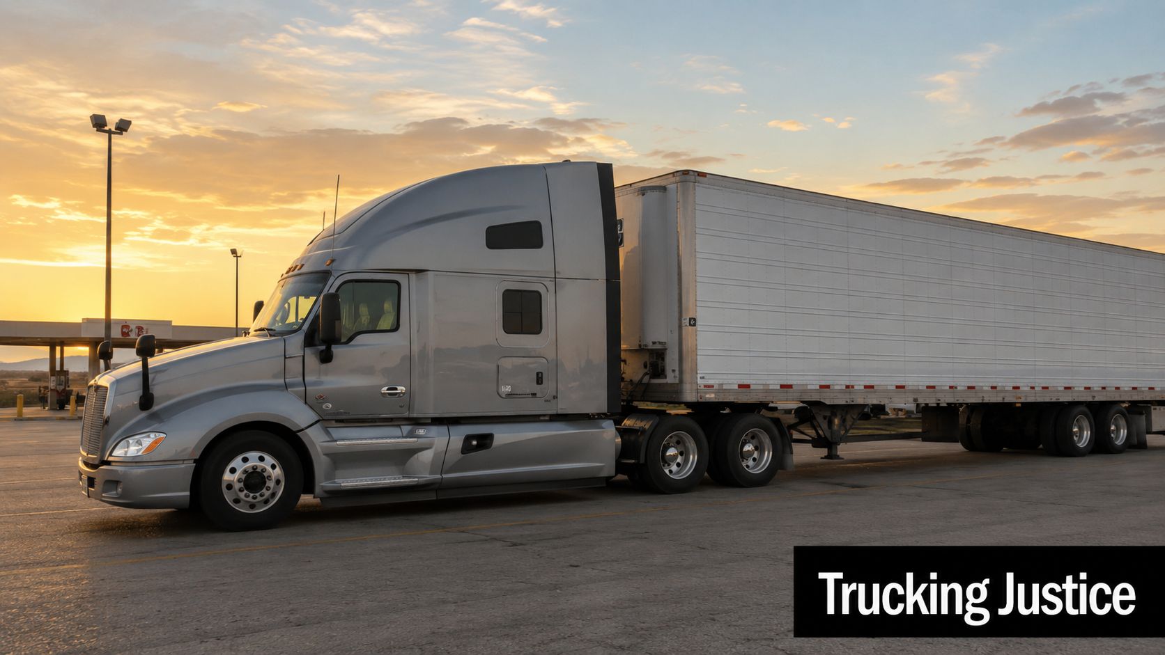 A silver semi-truck parked at a truck stop during a scenic sunset with the sky glowing orange.