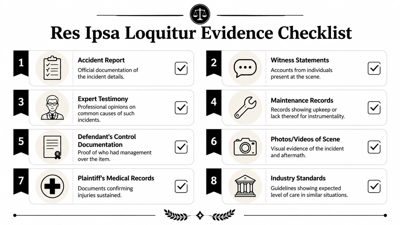 A checklist infographic titled Res Ipsa Loquitur Evidence Checklist outlining eight essential pieces of legal evidence.