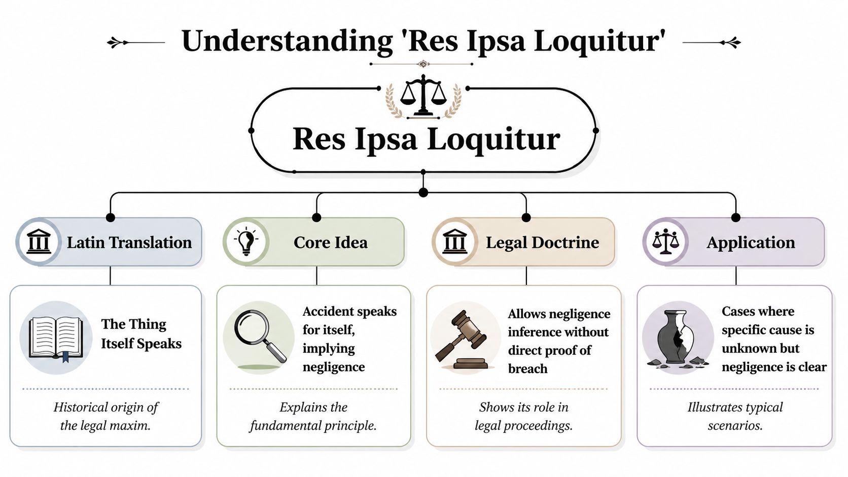 An infographic titled Understanding Res Ipsa Loquitur explaining the legal doctrine, its translation, core idea, and applications.