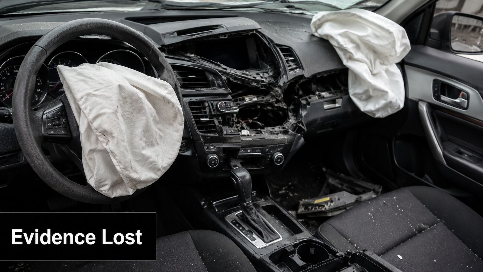 A view of a damaged car interior with deployed airbags after a severe vehicle collision accident.