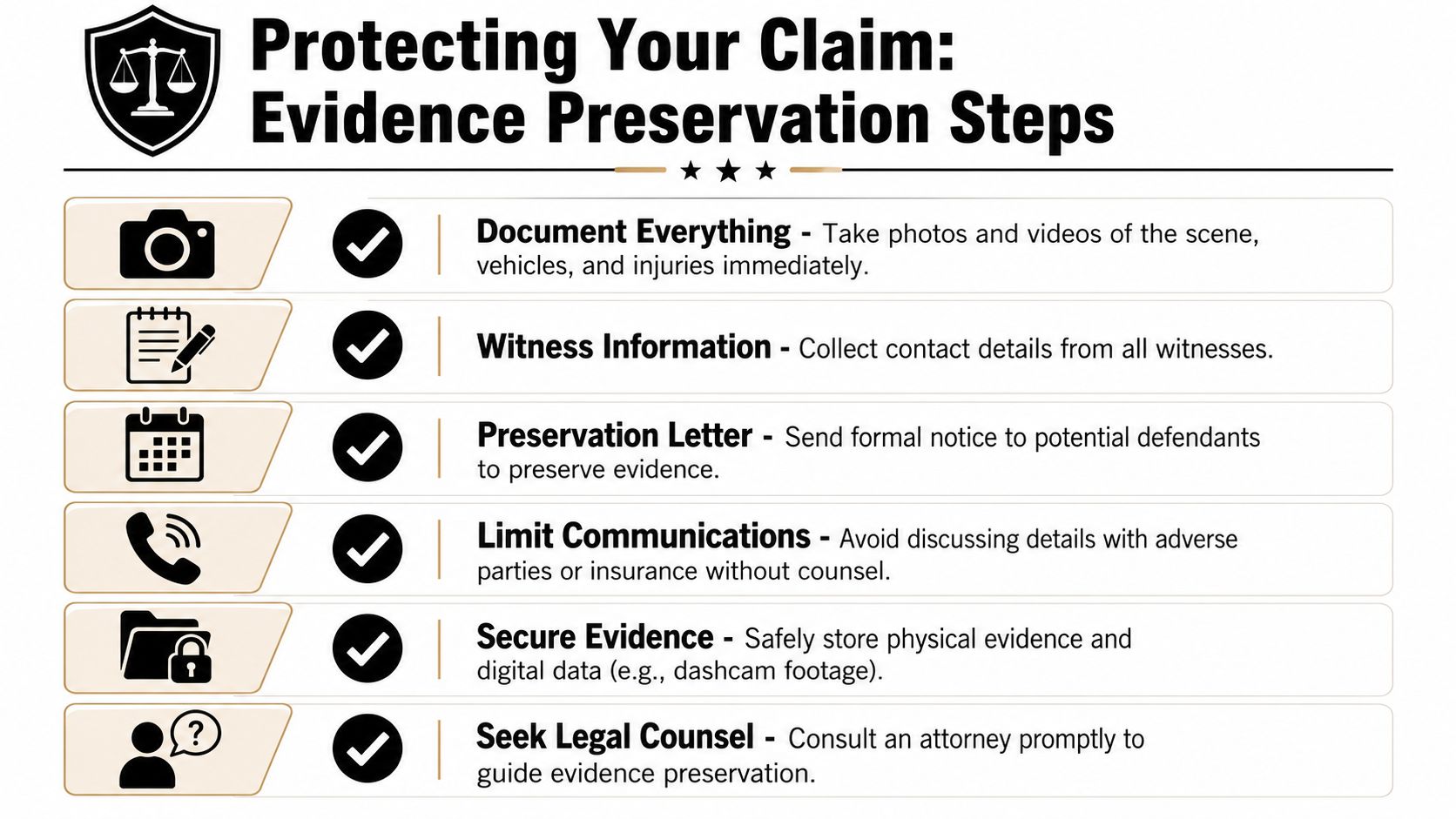 A guide infographic outlining essential steps for preserving evidence to protect a legal insurance claim.