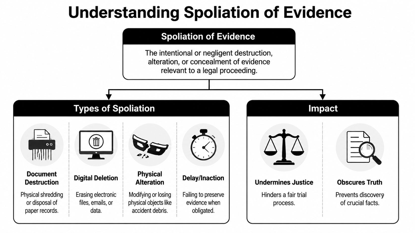 A diagram illustrating the definition, types, and negative impact of spoliation of evidence in legal proceedings.