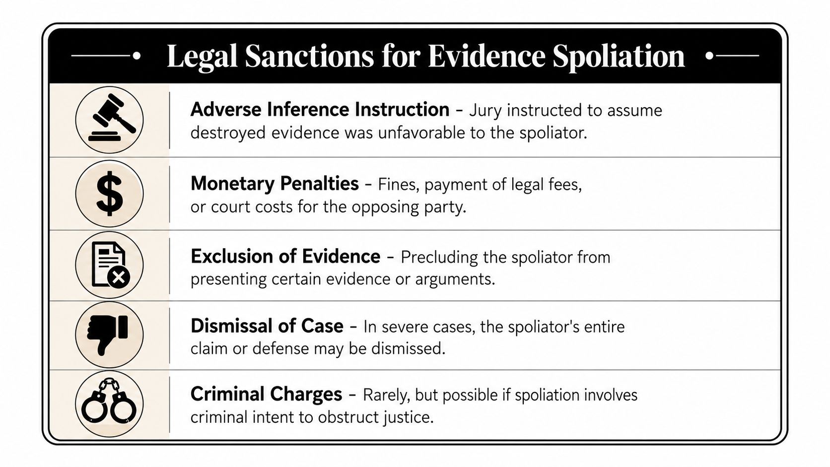 An infographic detailing various legal sanctions imposed on parties found guilty of evidence spoliation in court.