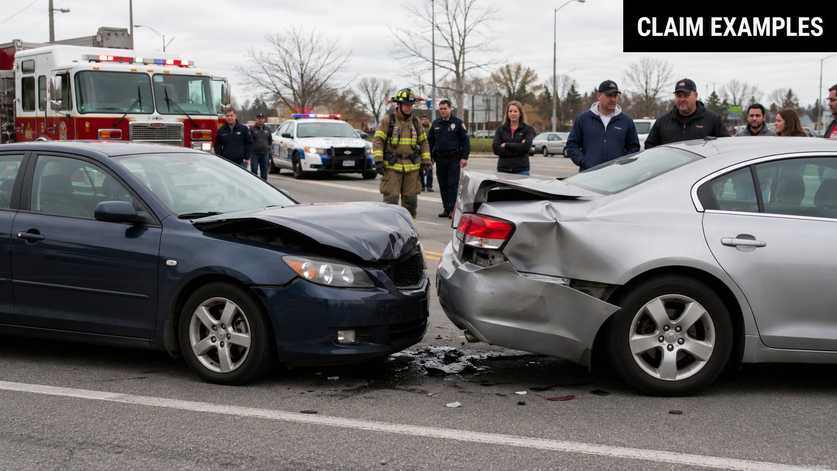 A dark blue car hit a silver car from behind at an intersection with emergency responders nearby.