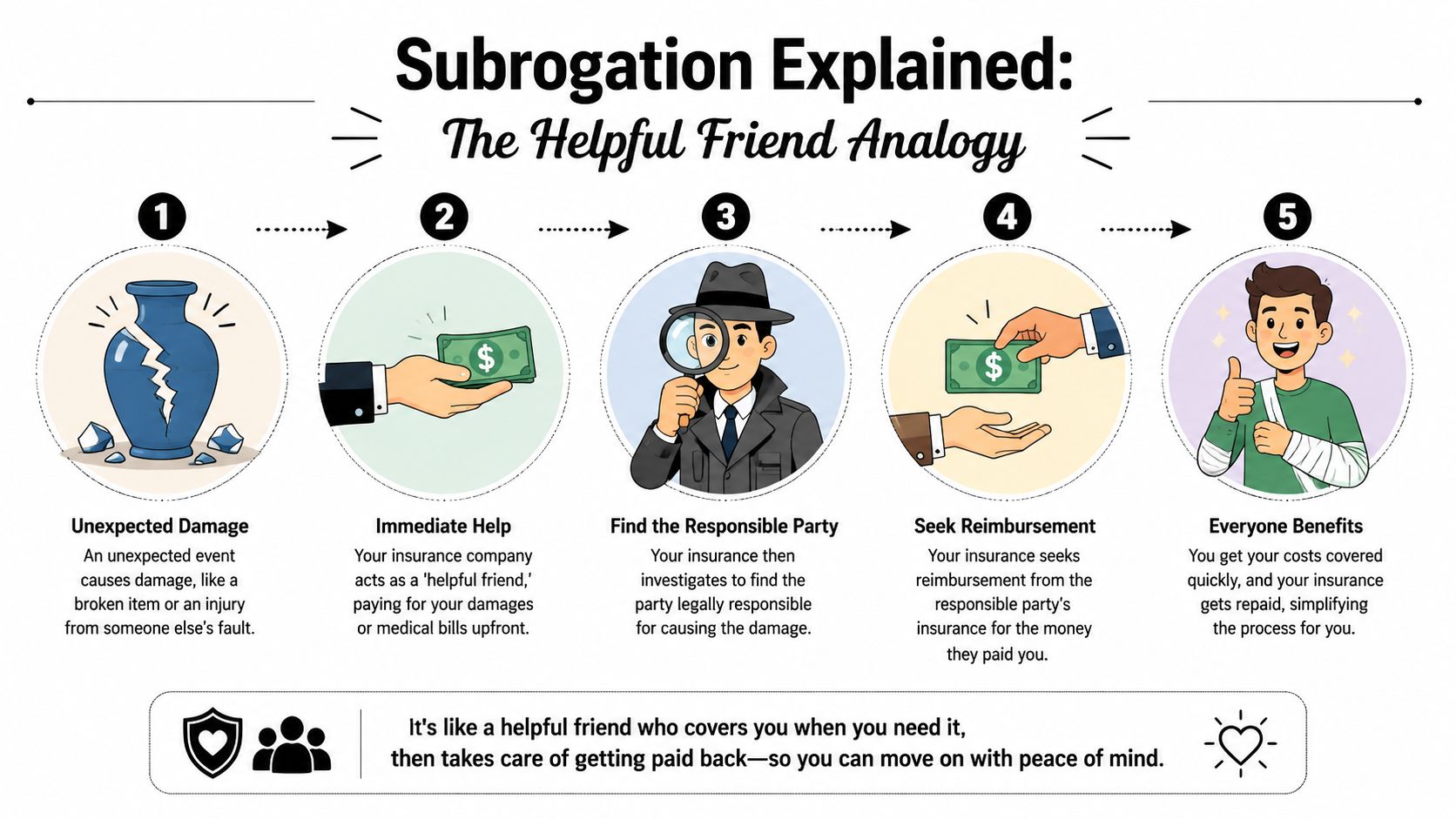 A five-step infographic explaining subrogation using a helpful friend analogy, illustrating the insurance claims process.