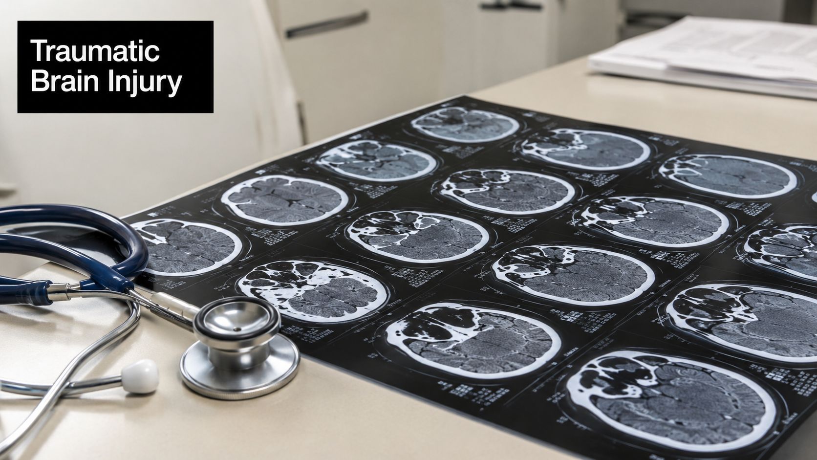 A medical stethoscope placed next to a set of brain CT scan images on a desk.