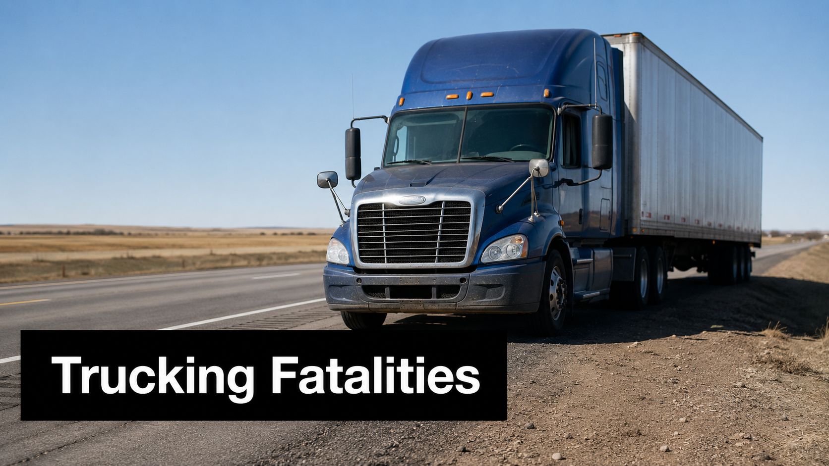 A blue semi-truck parked on the shoulder of a highway, representing trucking accidents and highway safety.