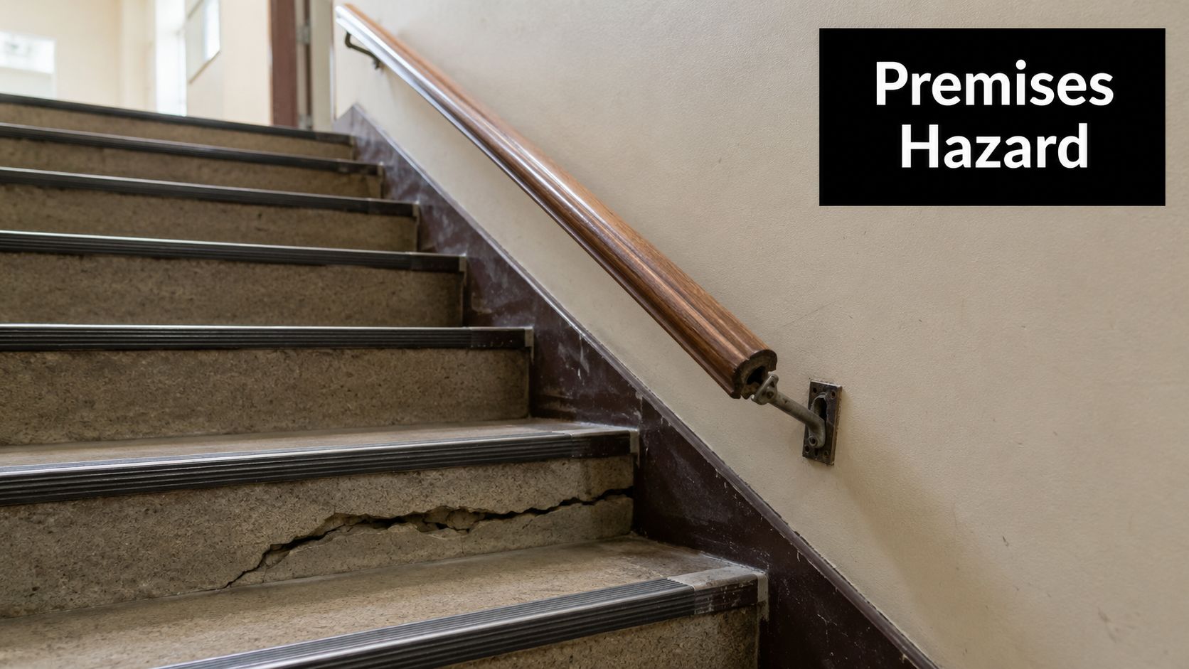 A dangerous staircase with a cracked concrete step and a loose, damaged handrail in a building.