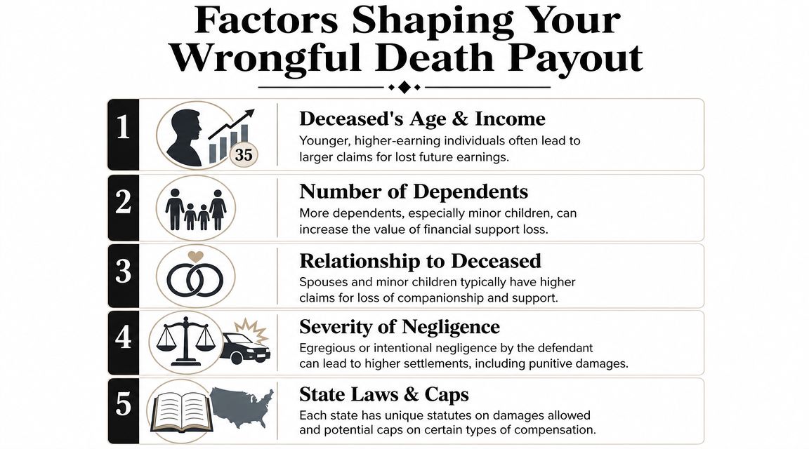An infographic titled Factors Shaping Your Wrongful Death Payout outlining five key legal and financial variables.