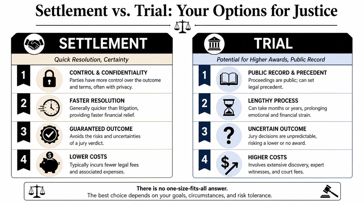 A comparison infographic detailing the pros and cons of choosing a legal settlement versus a full trial.