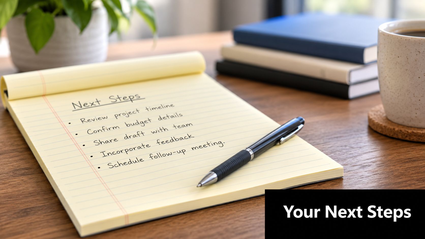 A yellow notepad on a wooden desk with a handwritten to-do list of professional business tasks.