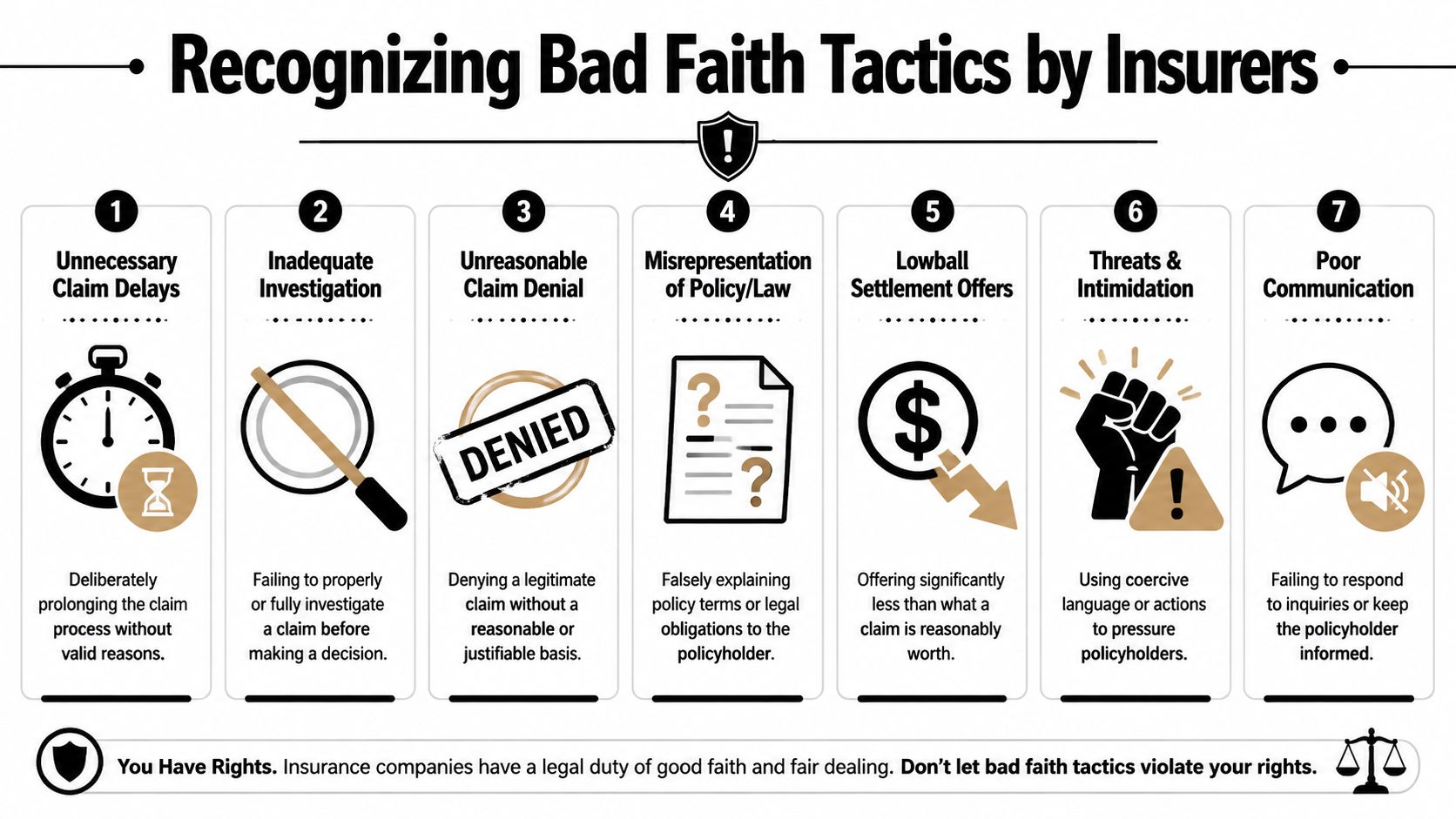 An infographic titled Recognizing Bad Faith Tactics by Insurers listing seven common deceptive insurance company practices.