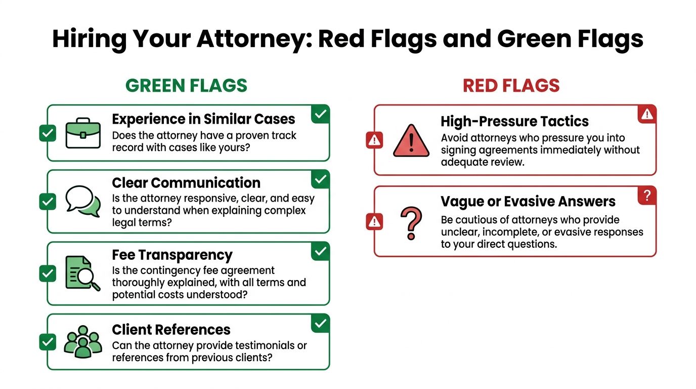 An infographic titled Hiring Your Attorney, displaying a list of green and red flags for legal representation.