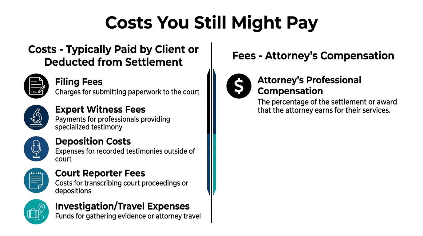 A chart illustrating legal costs and attorney compensation, including common expenses paid by clients or deducted from settlements.