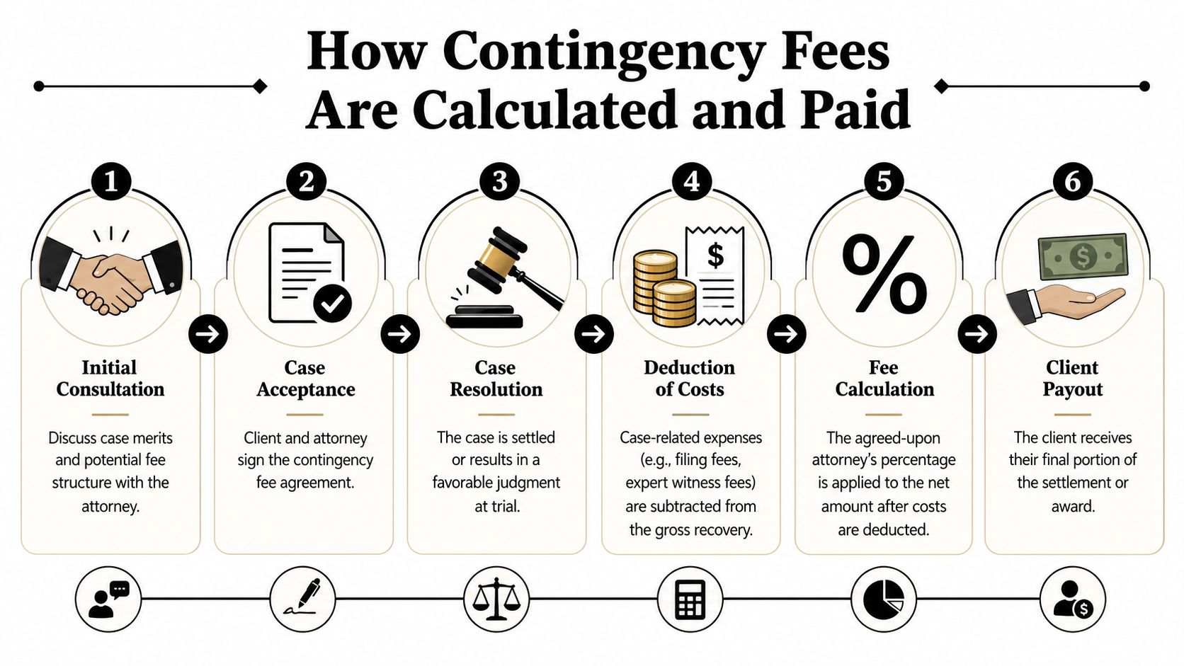 A six-step infographic explaining how contingency fee agreements work for legal cases and settlements.