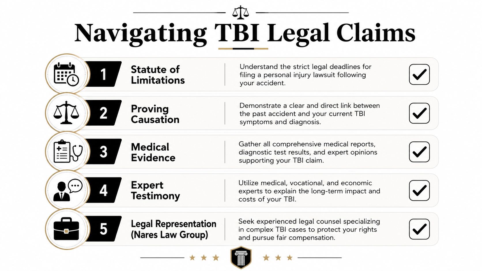 An infographic titled Navigating TBI Legal Claims outlining five essential steps for pursuing a traumatic brain injury lawsuit.