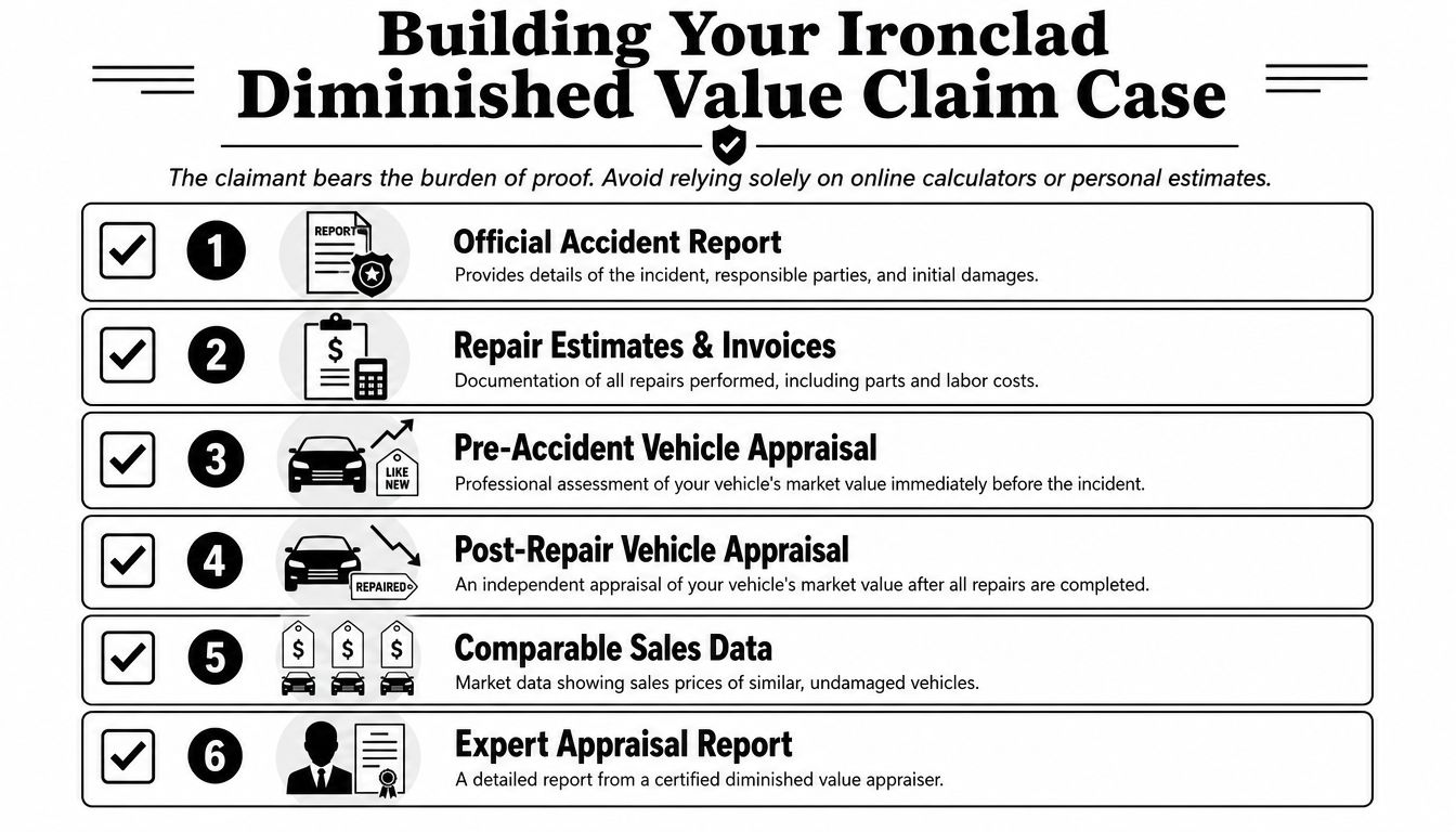An infographic titled Building Your Ironclad Diminished Value Claim Case detailing six essential documents for insurance claims.