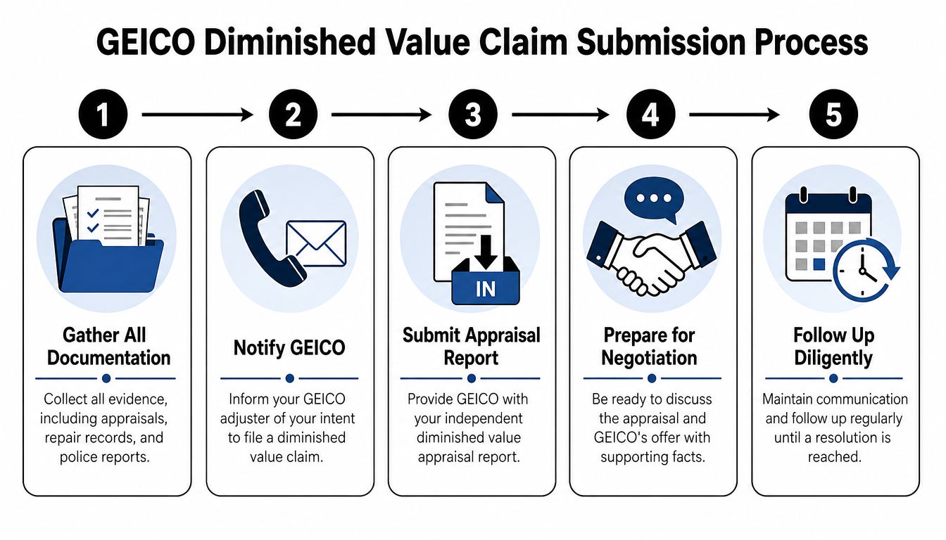 A five-step infographic detailing the process for submitting a diminished value claim to GEICO insurance.