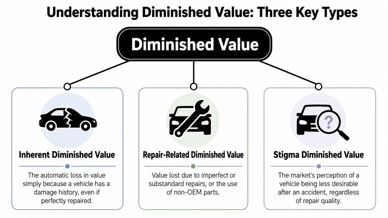 An infographic titled Understanding Diminished Value explaining inherent, repair-related, and stigma types of vehicle value loss.