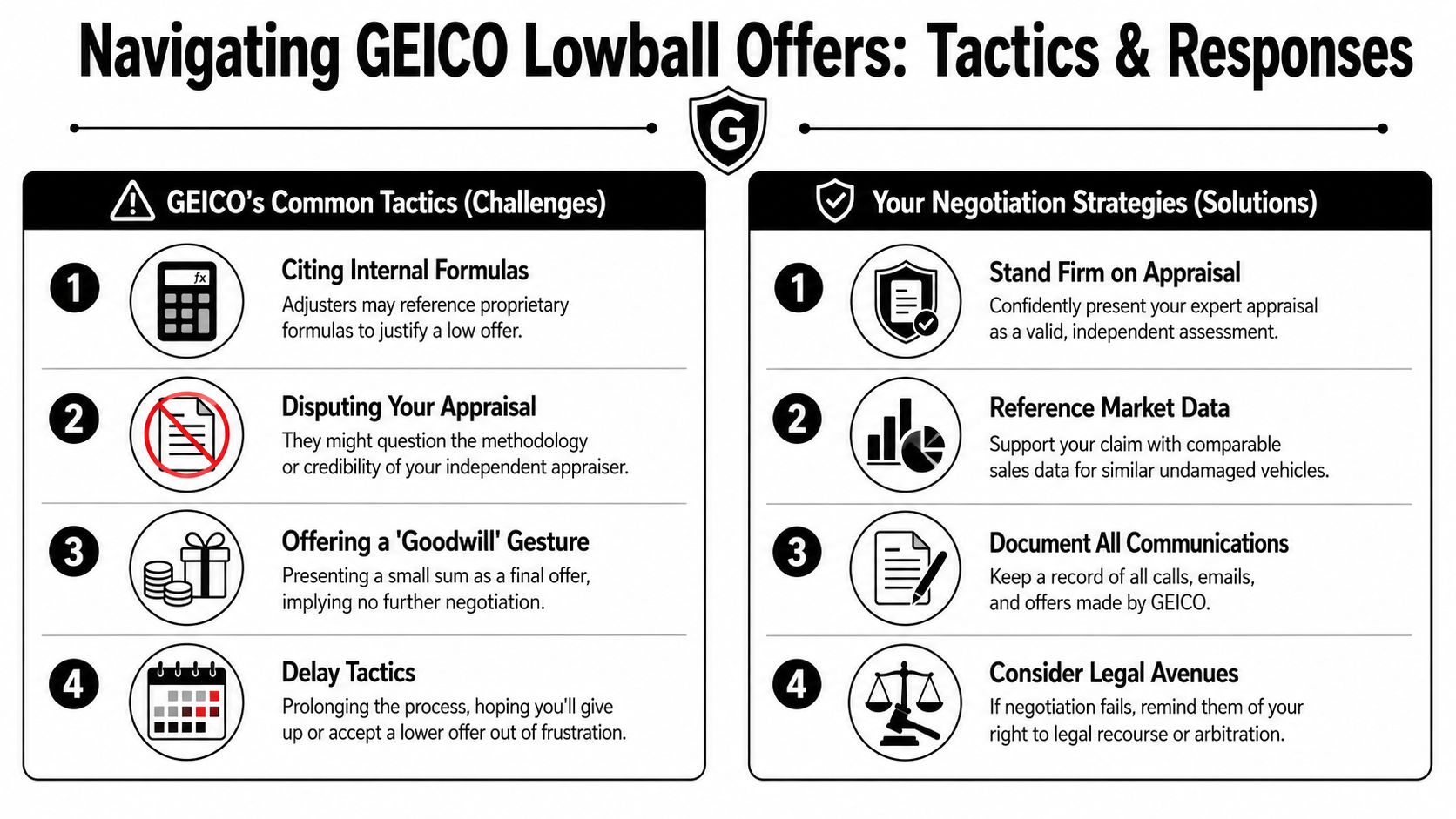 An infographic detailing GEICO's lowball offer tactics for insurance claims and effective counter-strategies for policyholders to use.