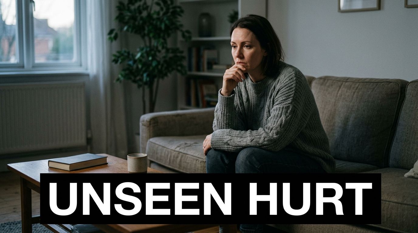 A woman sits pensively on a couch in a dimly lit room, conveying a sense of emotional distress.