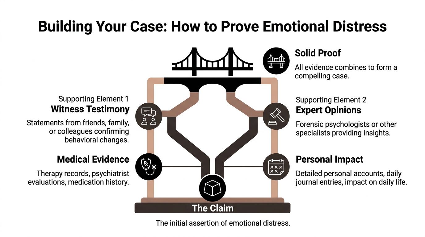 An infographic detailing four essential elements required to build a legal case for proving emotional distress.