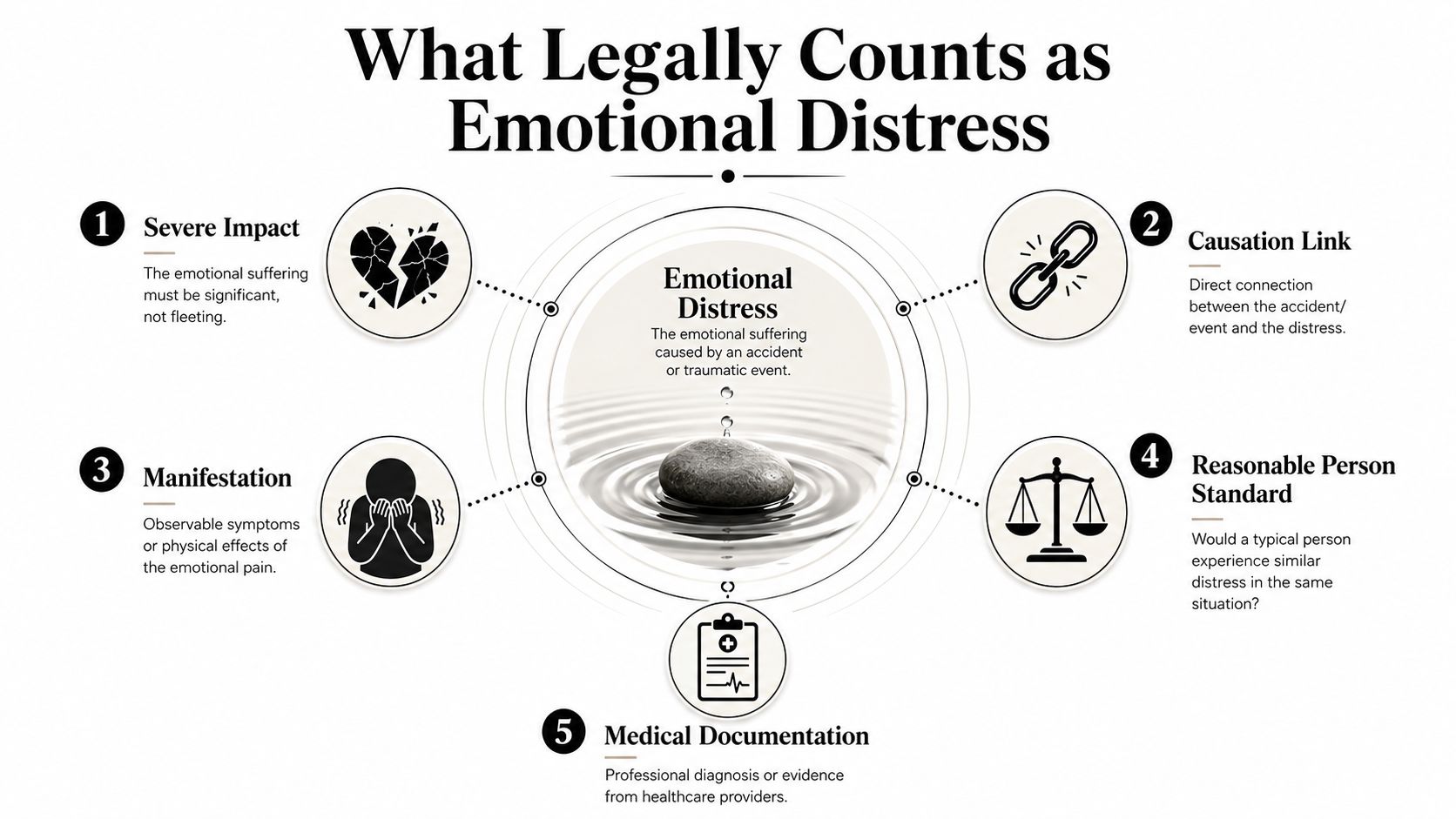 An infographic detailing five legal requirements that define emotional distress following an accident or traumatic event.