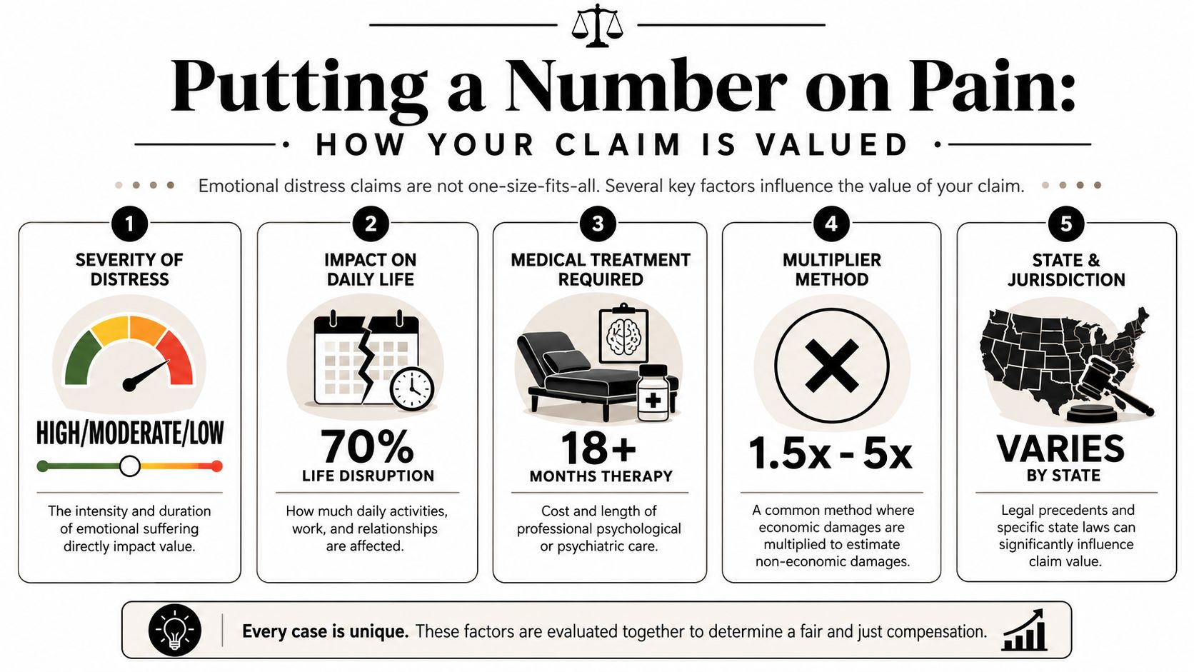 An infographic showing five key factors that influence the monetary valuation of emotional distress legal claims.